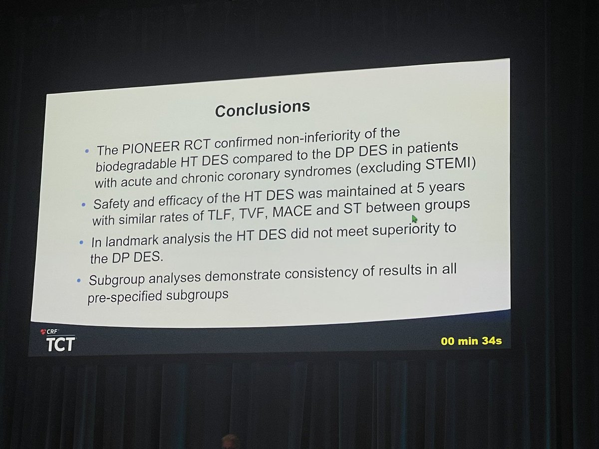 Abhishek Chaturvedi MD (@iamdoctorabhi) on Twitter photo Dr. <a href="/AlexandraLansky/">Alexandra Lansky</a> presenting 5-year results from the PIONEER-III Trial in Theatre 3! <a href="/TCTConference/">TCT Conference</a> <a href="/crfheart/">Cardiovascular Research Foundation</a> #TCT2024
🫀No difference between Supreme HT-DES vs. DP-DES in terms of TLF at 5 yrs!
<a href="/SCAI/">SCAI</a> <a href="/MyJSCAI/">MyJSCAI</a> <a href="/CRT_meeting/">CRT Meeting</a> <a href="/Vetrovec/">George W. Vetrovec</a> <a href="/VCUHealthHeart/">VCU Health Pauley Heart Center</a> <a href="/YaleCardiology/">Yale Cardiology</a> Dr. <a href="/AlexandraLansky/">Alexandra Lansky</a> presenting 5-year results from the PIONEER-III Trial in Theatre 3! <a href="/TCTConference/">TCT Conference</a> <a href="/crfheart/">Cardiovascular Research Foundation</a> #TCT2024
🫀No difference between Supreme HT-DES vs. DP-DES in terms of TLF at 5 yrs!
<a href="/SCAI/">SCAI</a> <a href="/MyJSCAI/">MyJSCAI</a> <a href="/CRT_meeting/">CRT Meeting</a> <a href="/Vetrovec/">George W. Vetrovec</a> <a href="/VCUHealthHeart/">VCU Health Pauley Heart Center</a> <a href="/YaleCardiology/">Yale Cardiology</a>