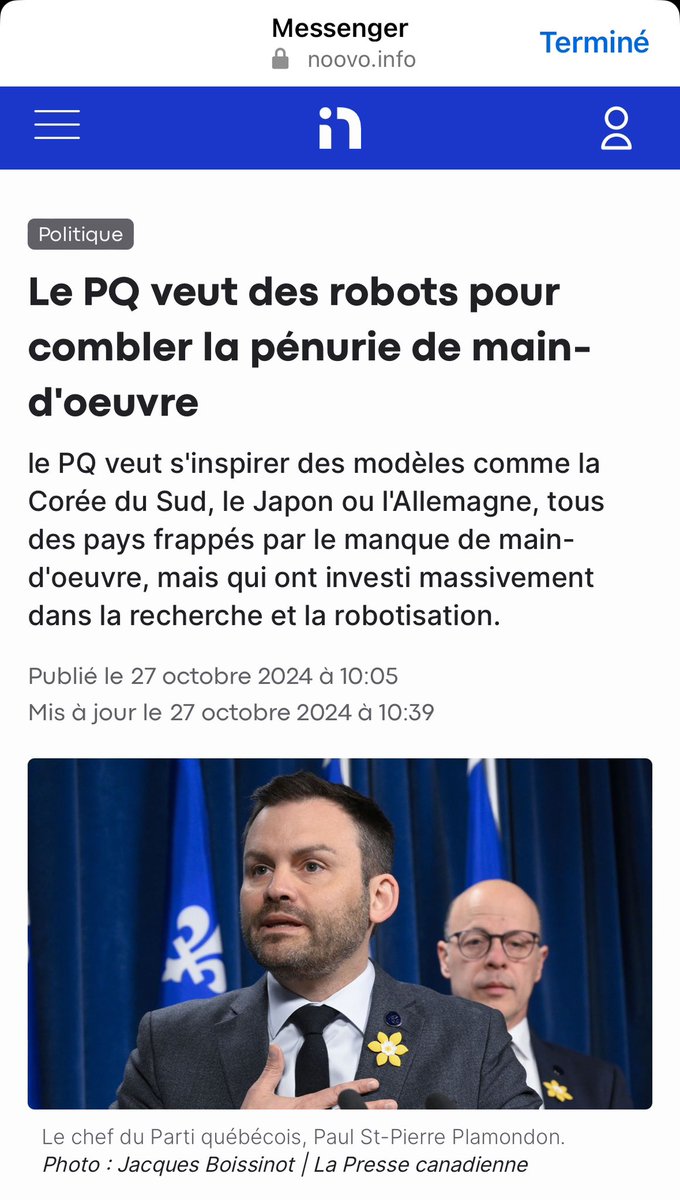 PaulPlamondon's tweet photo. Miser sur l’automatisation et la robotisation pour sortir de notre dépendance à la main-d’œuvre temporaire

Alors que le nombre de travailleurs temporaires a explosé, la pénurie de main-d’œuvre ne s’est pas résorbée et s’est même aggravée dans certains secteurs, malgré l’insistance répétée de certains lobbys pour nous faire croire le contraire. 

Qui plus est, cette dépendance à l’immigration temporaire « bon marché » a créé un retard dans l’automatisation et la robotisation de nos entreprises. 

Un gouvernement du Parti Québécois agira rapidement sur plusieurs axes pour pallier ce retard en s’inspirant de pays qui ont réussi cette transition, comme la Corée du Sud et le Japon, pour que le Québec lui aussi fasse ce virage qu’il aurait dû entreprendre il y a longtemps. 

Notamment nous allons: 

1) Mettre sur pied un fonds spécial consacré à la robotisation pour financer les entreprises qui font ce virage;
2) Stimuler les projets de recherche et développement en robotique industrielle, manufacturière et agricole; 
3) Ajouter un volet automatisation au Programme Innovation d’Investissement Québec, visant des entreprises en pénurie de main-d’œuvre, et des sommes au Programme Innovation bioalimentaire 2023-2028. 

Restez à l’affût pour le dévoilement de notre plan complet, demain!