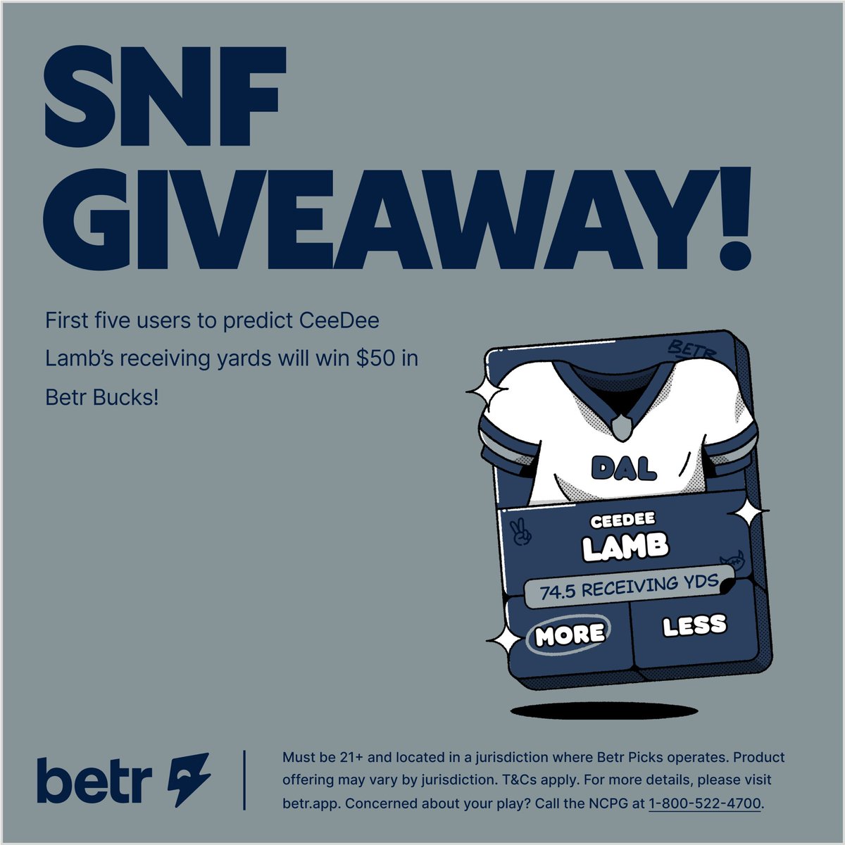 BetrPicks's tweet photo. 🚨 SNF GIVEAWAY 🚨

💿🐑 

5 followers who RT and predict Lamb’s receiving yards in the Cowboys vs 49ers SNF matchup will win $50 in Betr Bucks ⚡️💸

⬇️⬇️⬇️ https://t.co/3cqCzDiim8