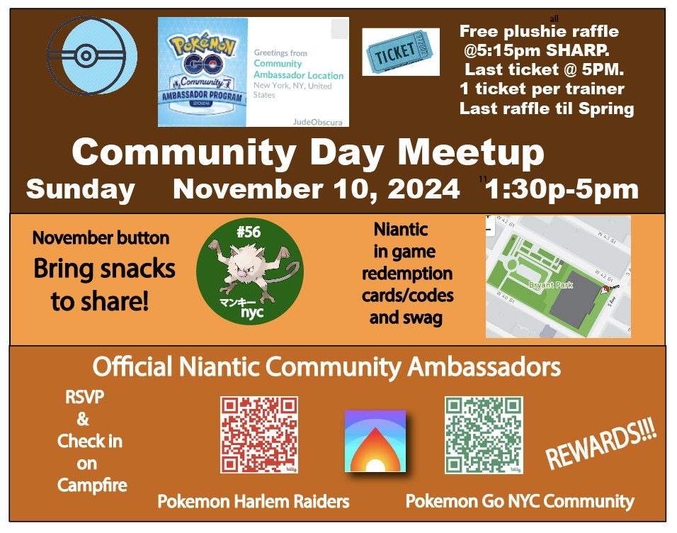 Mankey Community Day meetup Sunday 11/10/24 1:30PM - 5PM SW corner Fifth &amp; 42nd Street in front of library.  Bring snacks to share - sign in with Campfire.  Raffle @ 5:15PM SHARP.  
Last raffle 'til Spring -  All trainers welcome!!