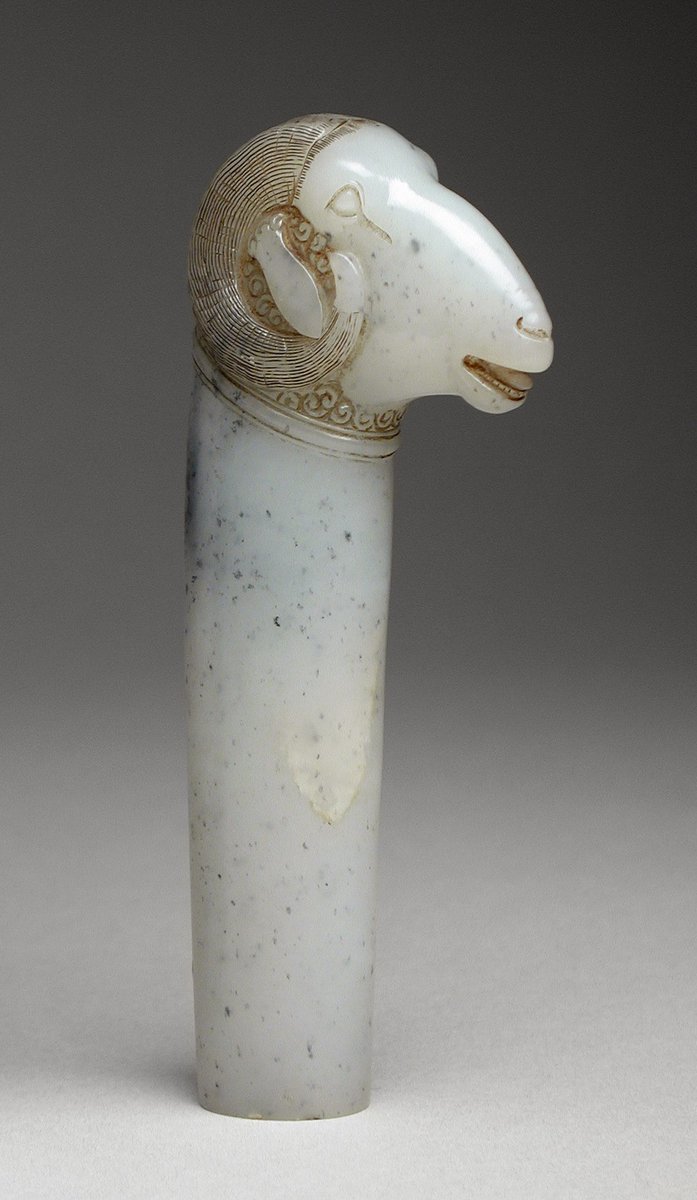 jdmccafferty's tweet photo. Dagger Hilt with Ram's Head India, Mughal empire, c. 1650-1700 Made of mottled white nephrite jade (Los Angeles County Museum of Art) https://t.co/6FaJDv0PRr