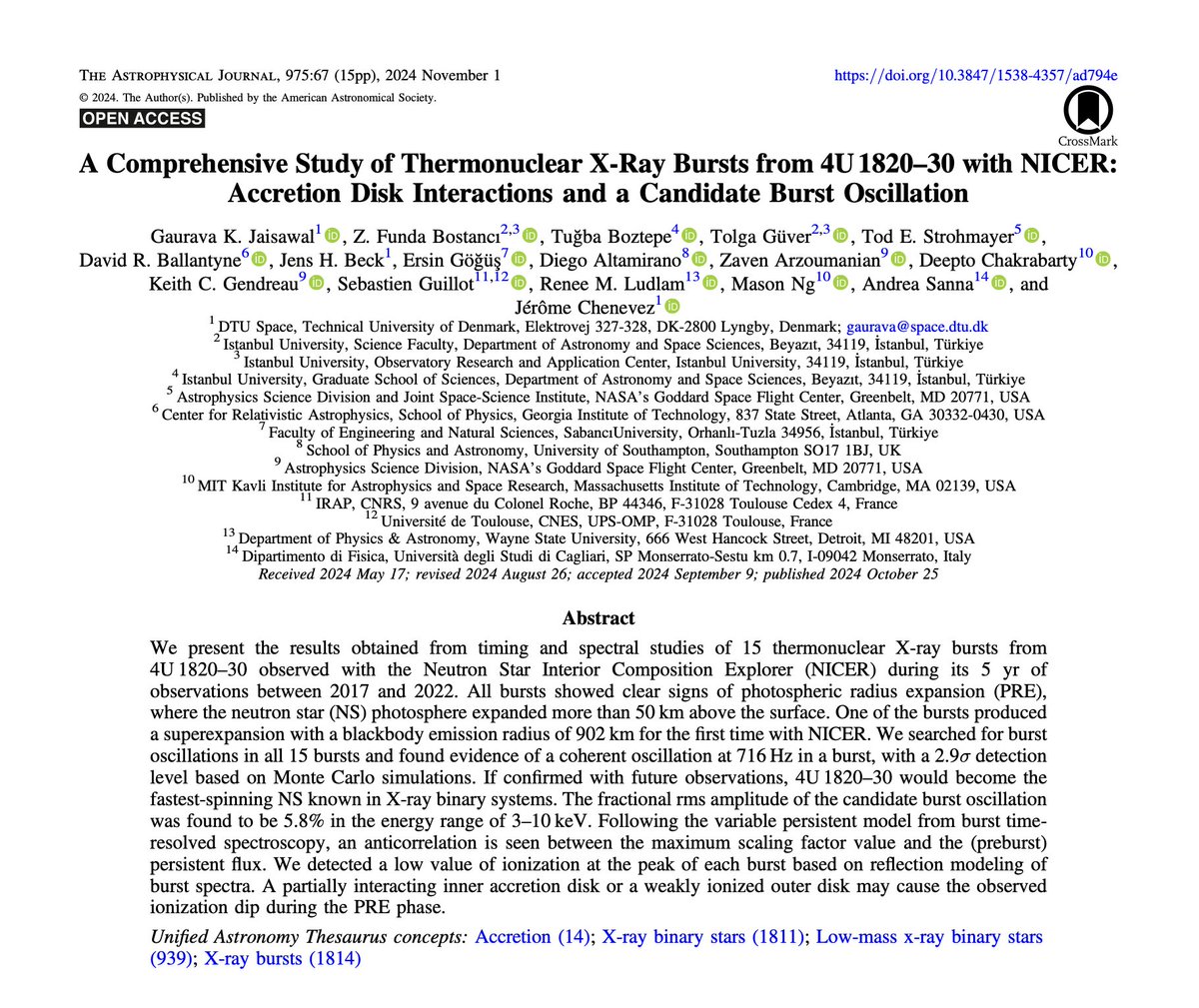 Tugbaastro's tweet photo. Our new paper on about "A Comprehensive Study of Thermonuclear X-Ray Bursts from 4U 1820-30 with NICER" published in ApJ. 

Link to the paper: https://t.co/7lU1zYilwo 
#astrophysics #astronomy https://t.co/AalPozMLGc