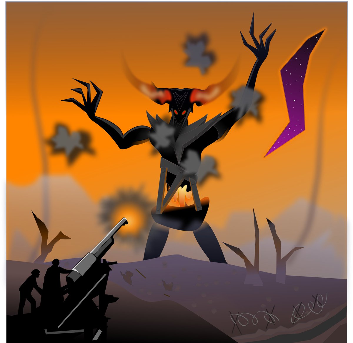 MikeeMort's tweet image. Here’s my #TechnoTerror artwork! Started this a while back and never finished or shared it... it depicts an alternate history where the intense fighting of World War 1 opens an interdimensional rift, bringing forth a massive demon that feeds on war and destruction.
#criptober