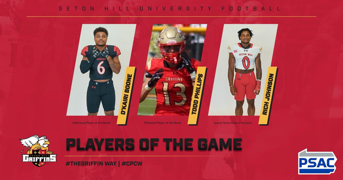 After a BIG win yesterday vs Clarion, we present to you our Players of the Game👀🔥

Offense: WR Todd Phillips
Defense: LB D’Kari Boone
Special Teams: LB Rich Johnson

#TheGriffinWay | #CPCW