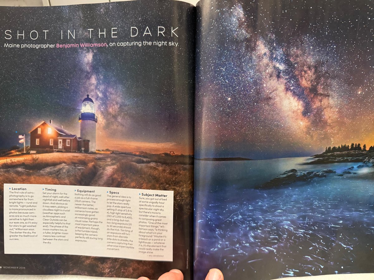 Honored to be featured in <a href="/MagazineofMaine/">Down East Magazine</a> this month, giving tips about astrophotography.