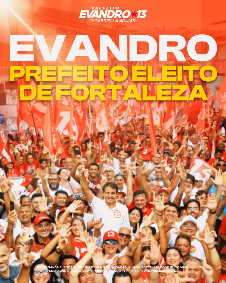 EvandroLeitao's tweet photo. De todo o meu coração, agradeço a cada um e cada uma de vocês que confiaram, que lutaram e sonharam junto. Essa vitória é nossa, do povo de Fortaleza, que acreditou na união e na esperança.

Nossa cidade segue uma cidade que olha pro futuro e que defende a democracia. https://t.co/JY0iBh8lkr