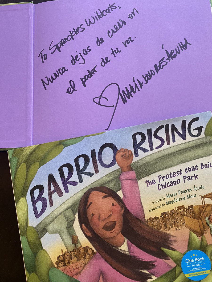 lori_huntsman's tweet image. Inspiring day centered around books📚A special treat to meet @mariadaguila &amp;amp; listen to her read #BarrioRising at the #OneBookOneSanDiego event at the #NorthPark Book Fair. The story behind the story plus the perfect match up with illustrator @Magdalenadraws💜 Bonus: Books signed!