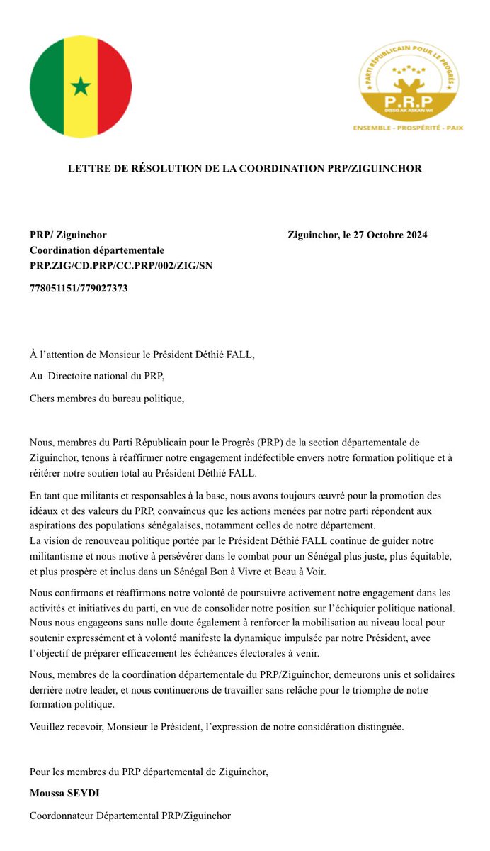 AsumSeydi's tweet image. La lettre de résolution de la coordination du PRP/Ziguinchor 

#Déthiéfall
#PRP