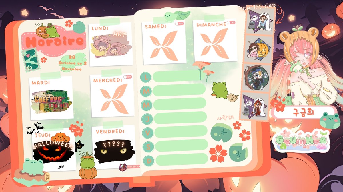 GeumHielle's tweet photo. ๐ธHORAIRE 28 Octobre au 3 Novembre~๐ฑ
#twitch #planning #lives #halloween #vtuber #art #artist #frog #beansprout #game https://t.co/5AHhBgSPpA