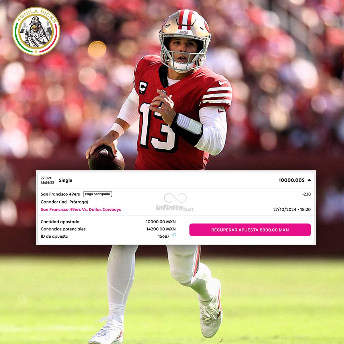 AguilaPicks1's tweet photo. Si los 49ers vencen a los Cowboys se van $1,000 MXN entre las personas que le den like y repost a esta publicación. 😤🏈 https://t.co/n7aejFSqap