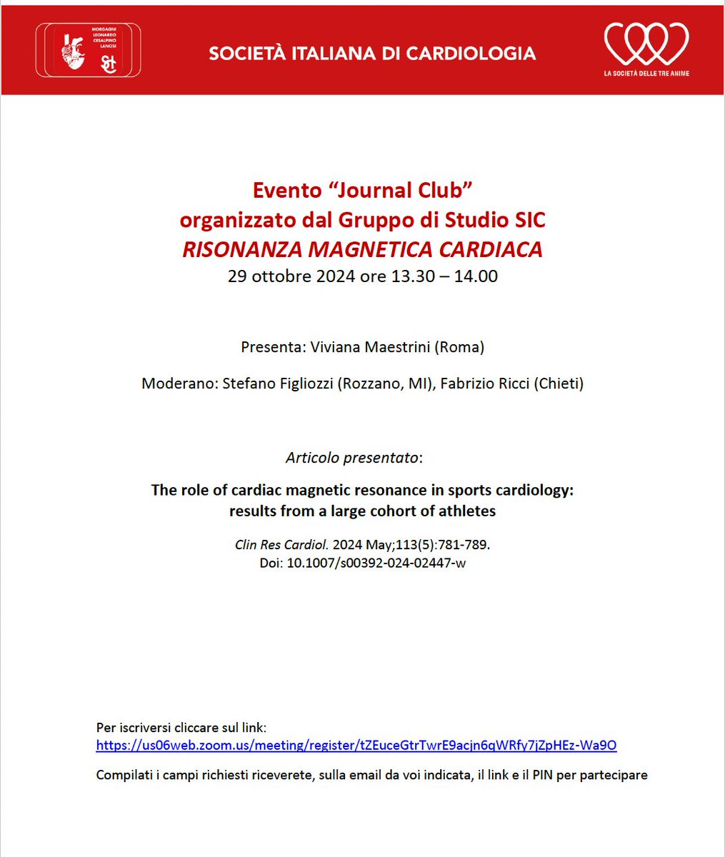 Stefano Figliozzi (@figliozzis) on Twitter photo ā° 29/10/2024 13:30-14:00 (CET)
<a href="/SIC_CARDIOLOGIA/">SIC SocietĆ Italiana di Cardiologia</a> JC
#whyCMR #Sports
š£ <a href="/vivimaestrini/">viviana maestrini</a>
The role of cardiac magnetic resonance in sports cardiology: results from a large cohort of athletes
Clin Res Cardiol. 2024 May;113(5):781-789.
Link to access: us06web.zoom.us/meeting/regist⦠Ⱐ29/10/2024 13:30-14:00 (CET)
<a href="/SIC_CARDIOLOGIA/">SIC SocietĆ Italiana di Cardiologia</a> JC
#whyCMR #Sports
š£ <a href="/vivimaestrini/">viviana maestrini</a>
The role of cardiac magnetic resonance in sports cardiology: results from a large cohort of athletes
Clin Res Cardiol. 2024 May;113(5):781-789.
Link to access: us06web.zoom.us/meeting/registā¦