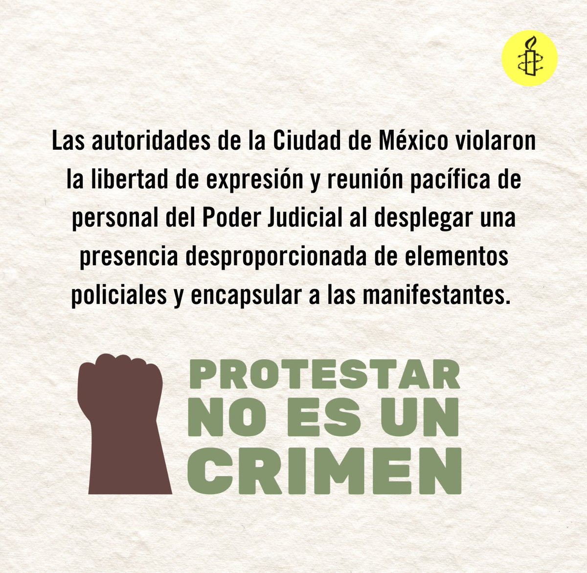 Amnistía Internacional hace un enérgico llamado a las autoridades de la #CDMX a respetar la libertad de expresión y reunión pacífica de personal del Poder Judicial que se encuentra manifestándose en las cercanías del autódromo #HermanosRodríguez
#ProtestarNoEsUnCrimen 
#F1