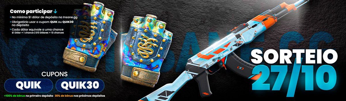 SORTEIO HOJE ★ Gloves | Case Hardened
+ AK-47 | Asiimov
Valor: R$1.150,00 ✔️             

Sorteio EXCLUSIVO para quem depositar no MÍNIMO $1 usando o cupom QUIK ou QUIK30 na INSANEGG      

LINK p/ participar:  ricardoquik.page/giveaways/2BzT…