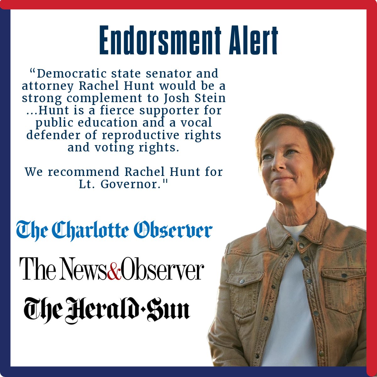 HuntforNC's tweet photo. Thank you to @TheObserver, @NewsObserver, and @TheHerald_Sun for the endorsement! #ncpol https://t.co/CFmZXZh6fC