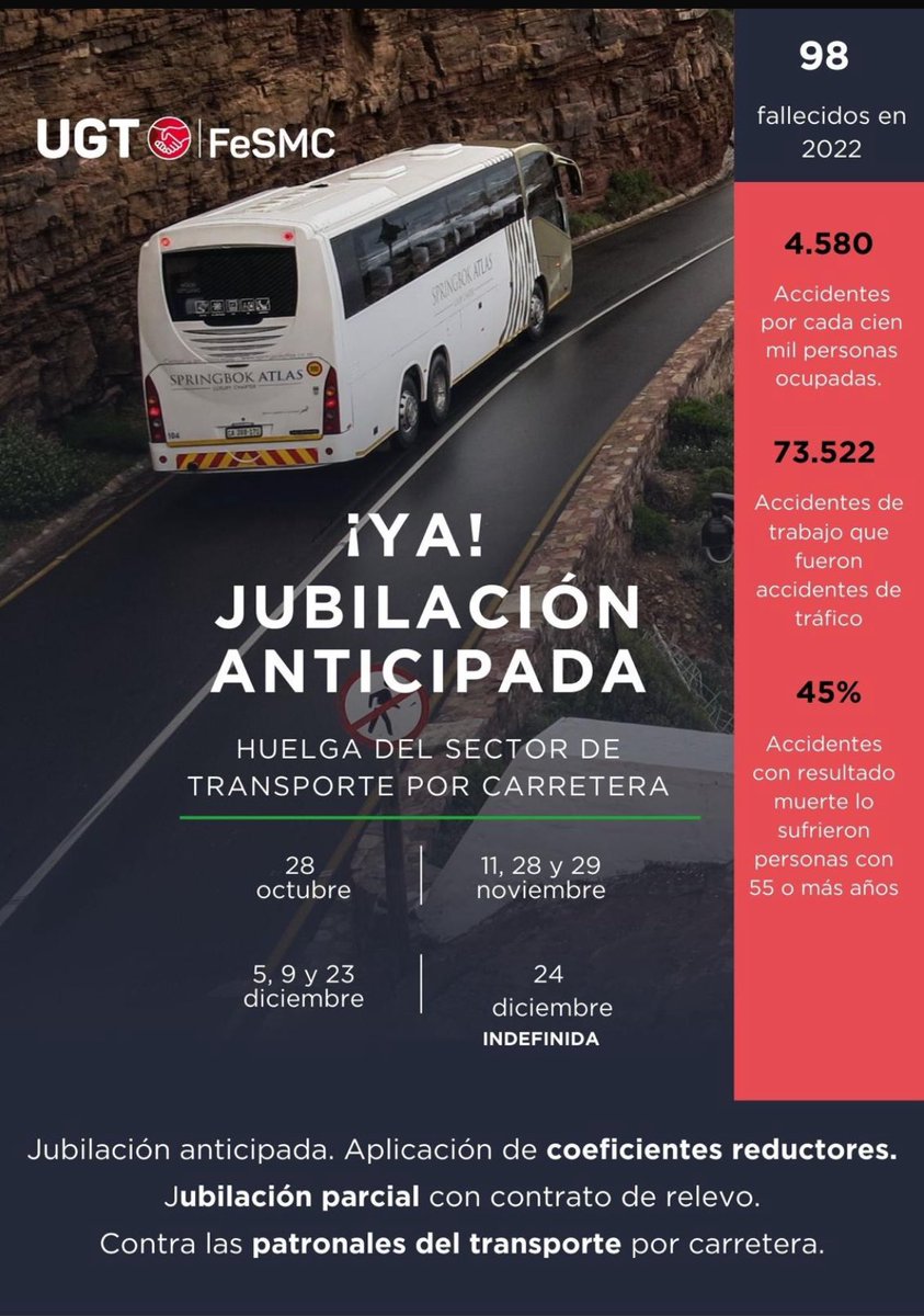 Esta noche a las 00.00 comienza el primer día de huelga de transportes de viajeros y grúas a nivel nacional.
El objetivo está claro. 
👉🏻Jubilación anticipada ya!! 💪🏻