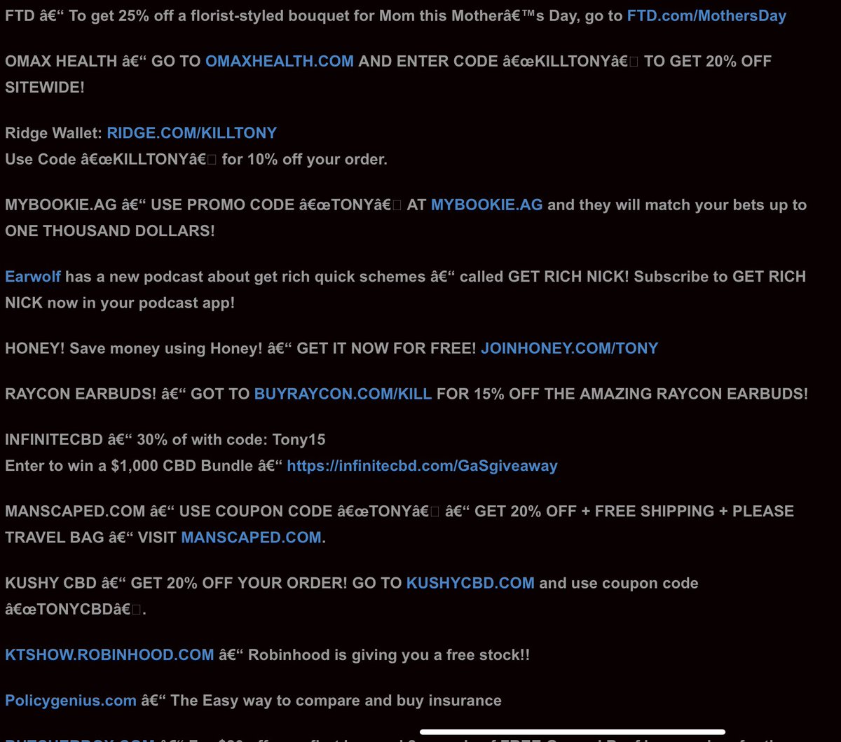 graciesbells's tweet photo. These are the sponsors of  #TonyHinchcliffe podcast. Maybe they need to be asked if they feel the same way about PR, African Americans and women as the nazi they sponsor. https://t.co/NTNZ3v7y76