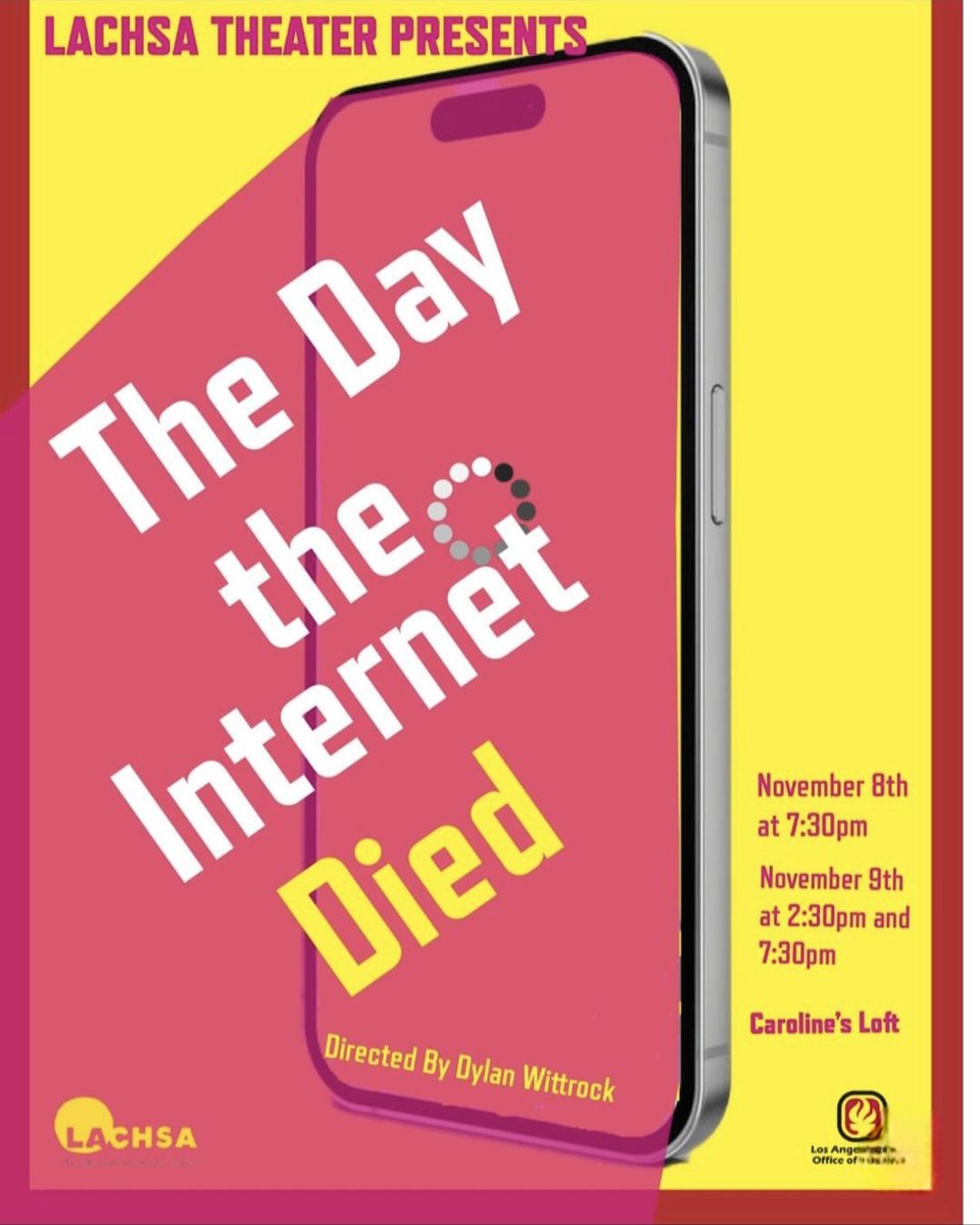 Don't miss Dylan Wittrock's latest project: The Day the Internet died.
A humorous play about our modern society and the struggles if the web went down. 
Directed by <a href="/dkwittrock/">Dylan Wittrock</a>

When? November 8th + 9th
Where: Lachsa's Caroline's Loft, Los Angeles 

ℹ️ 🎟 
lachsa.ticketspice.com/the-day-the-in…