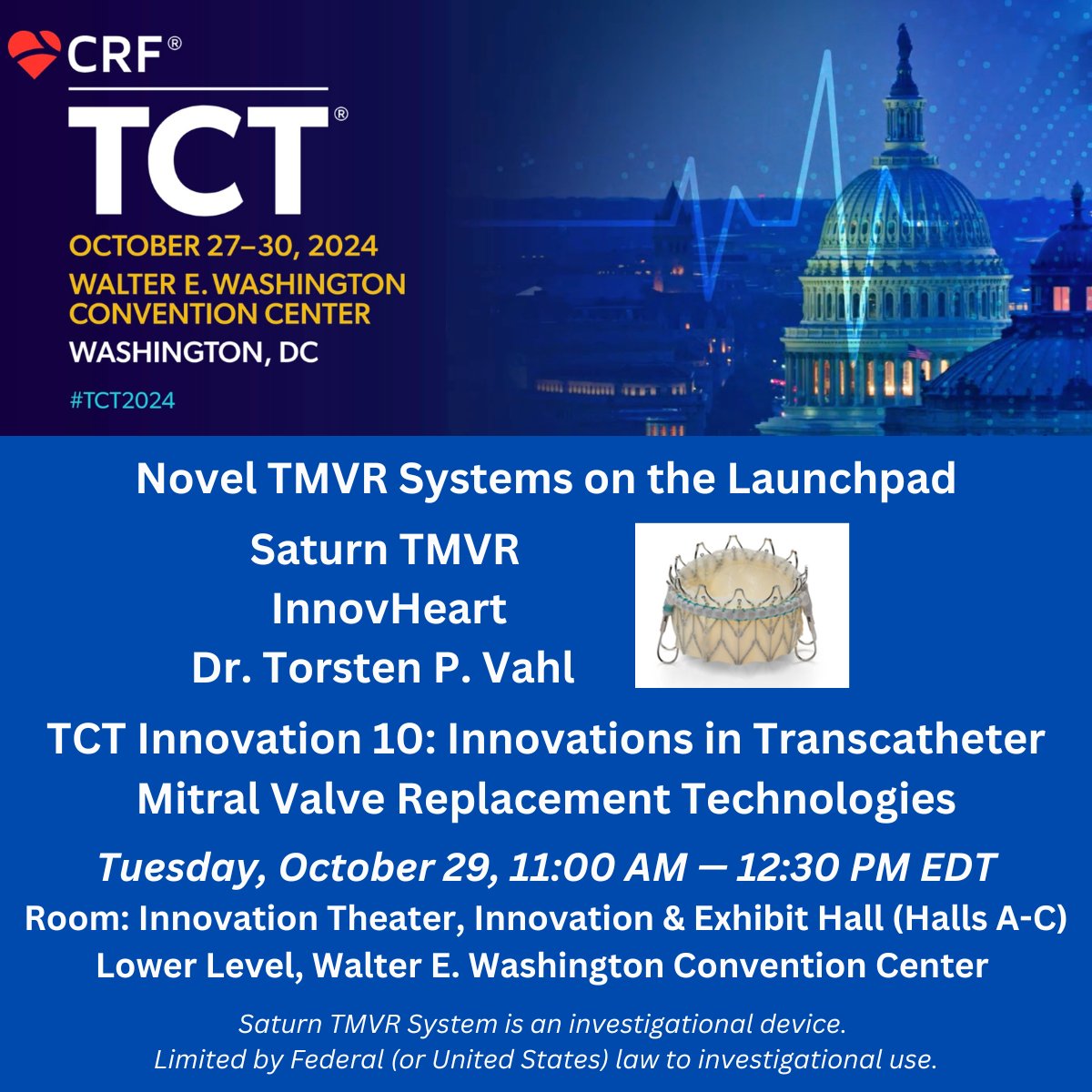 InnovHeart's tweet photo. We look forward to #TorstenVahl @ColumbiaMedic review #Saturn #TMVR data at #TCT2024 Tues 10/29 12:22pm EST. Saturn is a novel, investigational mitral valve replacement system; investigational use only, not for sale. See https://t.co/jN9XOOEZWG #Mitral #Transseptal #Innovation https://t.co/cxFeHzvj0P