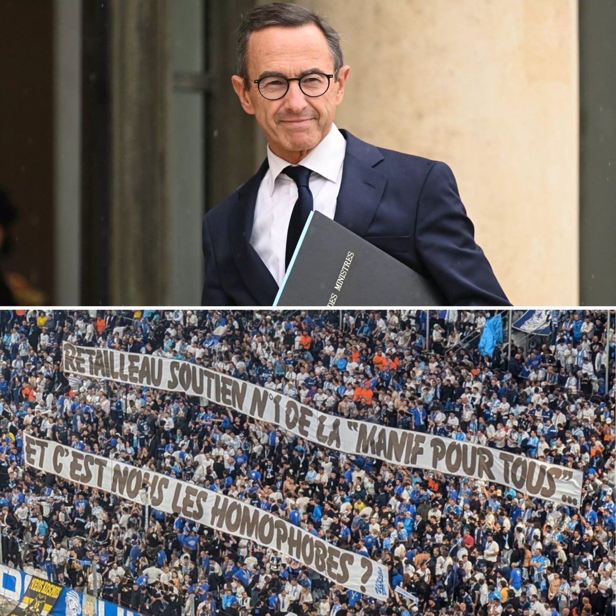 CerfiaFR's tweet image. 🇫🇷⚽️ FLASH | Les supporters marseillais ont déployé une banderole adressée au ministre de l’Intérieur Bruno Retailleau : 

« Retailleau, soutien numéro 1 de la "Manif pour tous" ; et c’est nous, les homophobes ? »