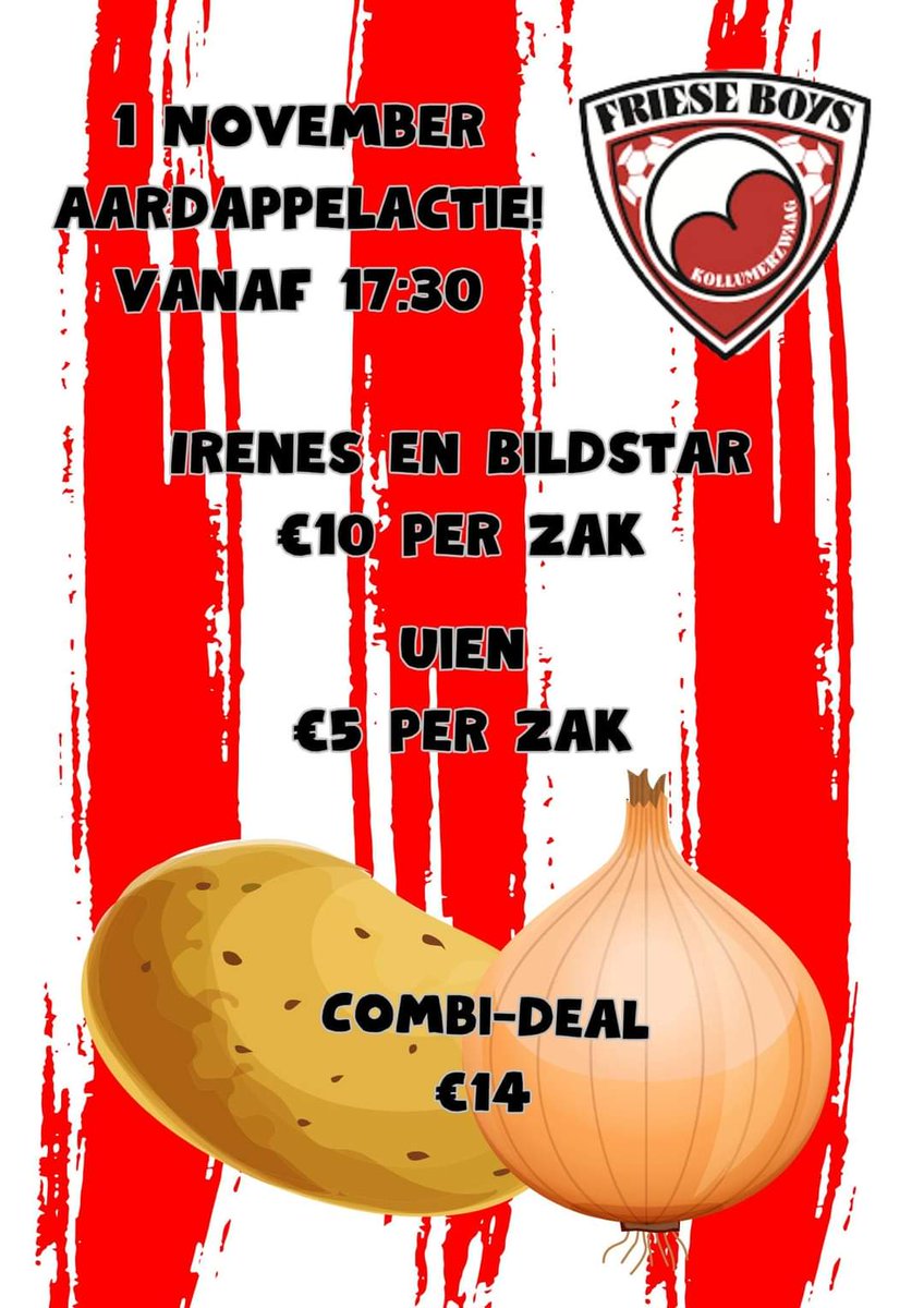𝗔𝗮𝗿𝗱𝗮𝗽𝗽𝗲𝗹𝗮𝗰𝘁𝗶𝗲
1 november organiseert Friese Boys weer de jaarlijkse aardappelactie! Vanaf 17:30 gaan spelers en vrijwilligers de straat op met aardappelen en uien.

Aardappelen zijn €10,- per zak en uien zijn €5,- per zak. Koop je beide dan is het maar €14,-