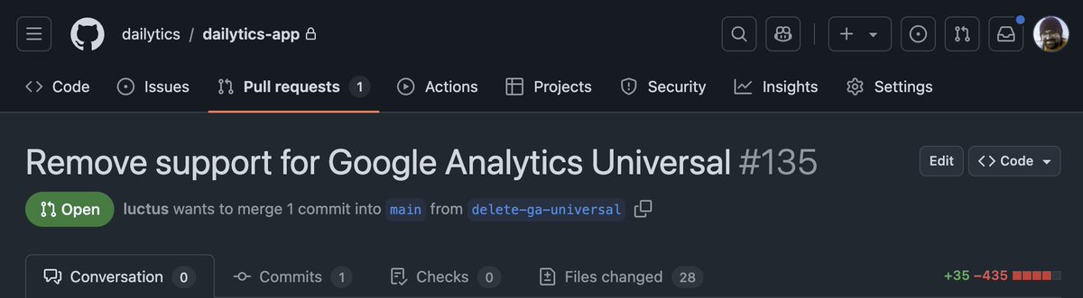 dailyticsreport's tweet photo. It's starting to feel so good! We are removing support for Google Analytics Universal and with this, we keep our code base cleaner :) https://t.co/Ubun6wJOVW