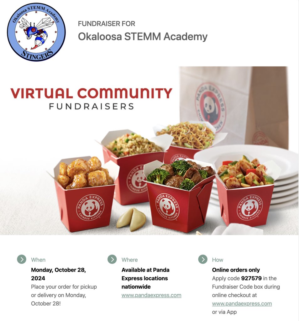 Panda Express Virtual Community Fundraiser October 28! Order for pick-up or delivery from any Panda Express nationwide at pandaexpress.com or through their app. Use code 927579 during checkout. STEMM will receive 28% of the sales.
