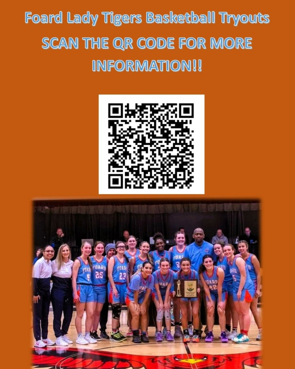 GET SIGNED UP TODAY!!!! Flyers are located throughout the school to scan the QR code and follow the questions. #ladytigers #RestoreTheRoar 

10/30 Tryouts 
Jv Girls 5-6:15pm
Var Girls 6:30-8pm

10/31 Tryouts 
Jv Girls 5-6:15pm
Var Girls 6:30-8pm

11/1 Tryout
JV and Varisty 4-6pm
