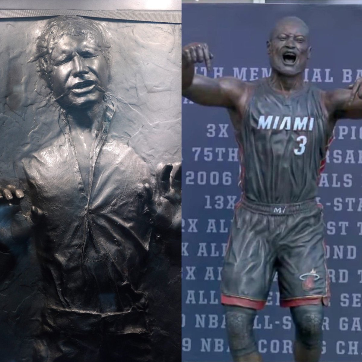 SportsIdiotNTN's tweet photo. I knew that D-Wade statue in Miami reminded me of something I’ve seen before.
#StarWars | #HanSolo | #DewayneWade | #Heat | #NBA https://t.co/p4DoEVvEQc