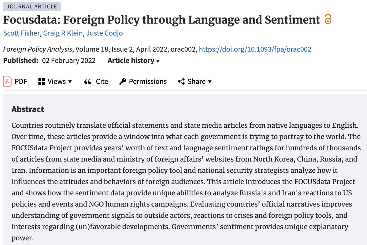 FPA_Jrnl's tweet photo. The FOCUSdata Project provides sentiment ratings for articles from North Korea, China, Russia, and Iran.  In their #openacces article, @GraigKlein , Fisher, &amp; Codjo explore how sentiment data reveals nations' responses to US policies &amp; NGO campaigns https://t.co/6Re4BmTL8P https://t.co/hPsQl5LtwZ