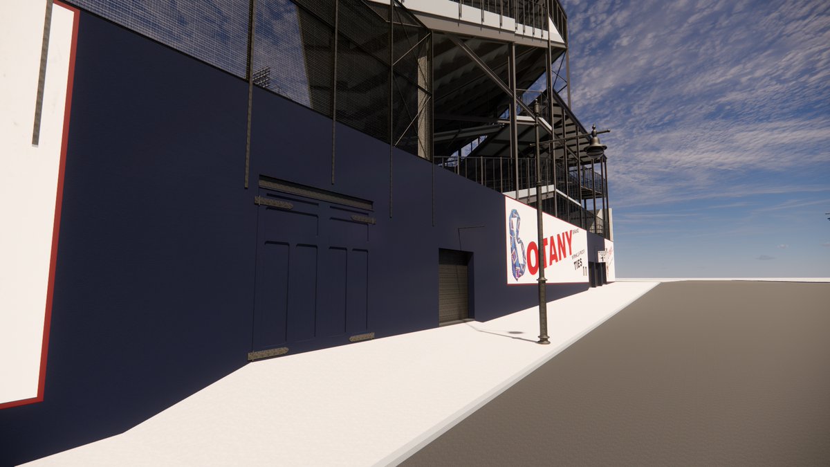 SportsBandbox's tweet photo. Take a stroll down Bedford Ave behind the RF wall at #VirtualEbbets Field. The big barn door is the field-access to CF corner. #Brooklyn #Dodgers #EbbetsField #Ballpark https://t.co/UM1YiVXxAC