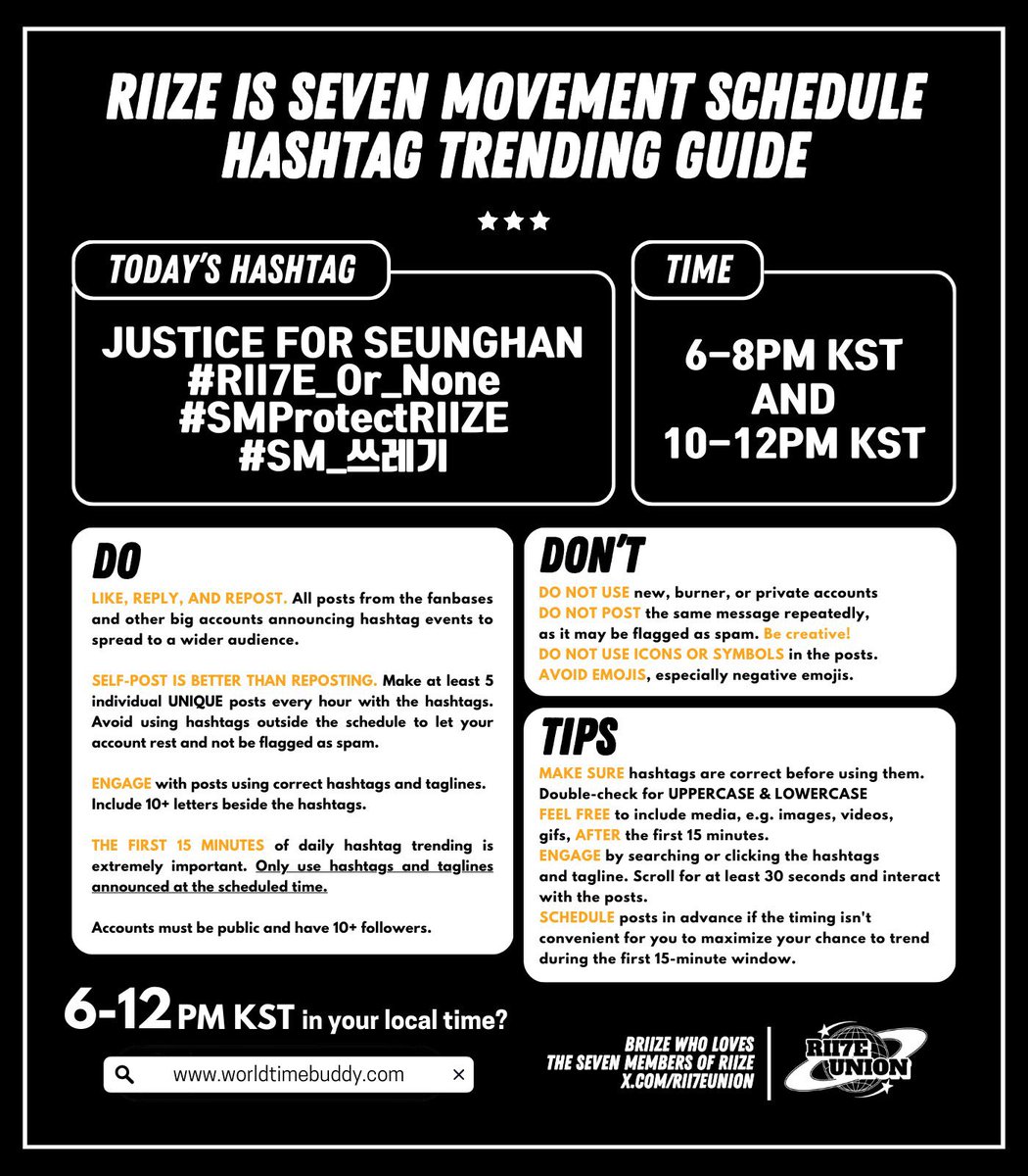 RIIZE_NEWS's tweet photo. HASHTAG TRENDING GUIDE STARTS IN A FEW HOURS! 

⏰⚠️ 6-8PM &amp; 10-12PM KST ⚠️

JUSTICE FOR SEUNGHAN
#RII7E_Or_None
#SMProtectRIIZE
#SM_쓰레기

- DO NOT use before the schedule
- DO NOT use the tags all the time, instead use schedule tweet if you’re occupied
- READ the Do, Don’t! https://t.co/VCvA2eRyGv