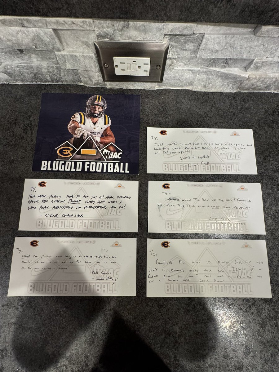 Thank you for the hand written letters! <a href="/UWECFootball/">Blugold Football</a> <a href="/CoachE_Blugolds/">Rob Erickson</a> <a href="/CoachGrayvold/">Brady Grayvold</a> <a href="/CoachHoover9/">Tim Hoover</a> <a href="/CoachBobDunnJr/">Bob Dunn</a> <a href="/CoachMcHugh62/">Mike McHugh</a> <a href="/CoachLangStrong/">Ricky Lang</a> <a href="/CoachDeavPuck/">Deav Puck</a> <a href="/CoachPerotti/">Matt Perotti</a> <a href="/austinthecoach/">Austin Battaglia</a>