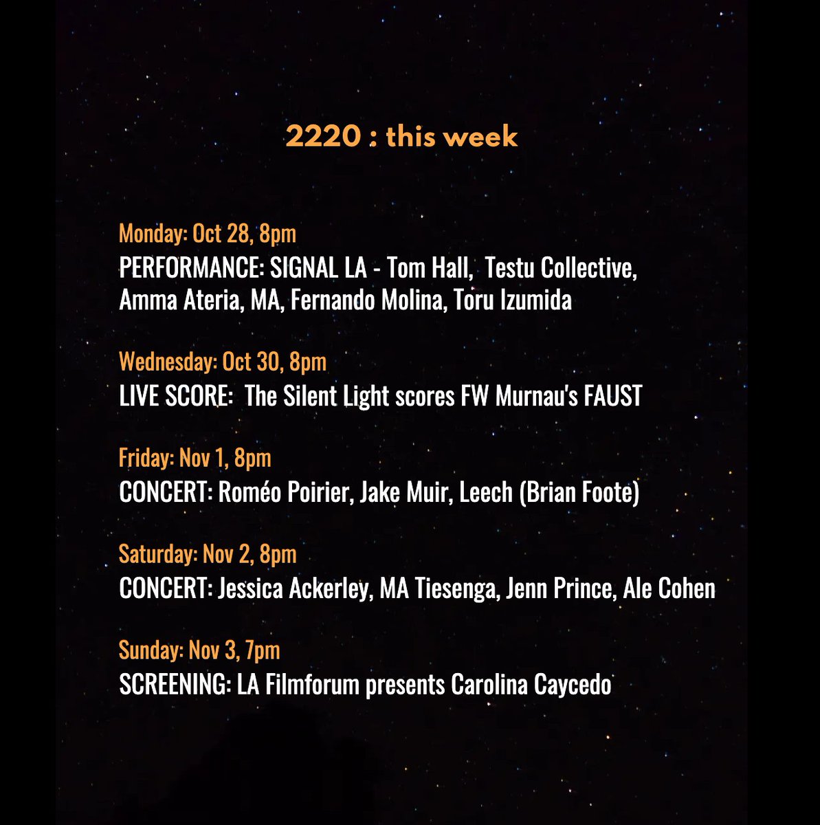 Arriving this week ta 2220: spectacular multimedia from Japan, Argentina, NYC and LA, doom metal live scoring of a Murnau classic, and experimental music from Belgium, Berlin and Honolulu. 

Come into the light!