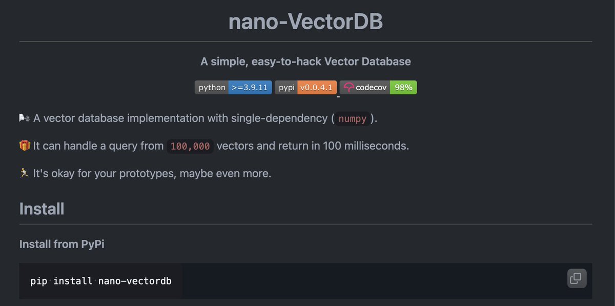 sugatoray's tweet image. 🎉 Nano-VectorDB: A very lightweight vectordb, written in python.
👉 Good for quick prototyping. Depends on NumPy alone.
⚙️ GitHub: github.com/gusye1234/nano…
🎁 PyPI: pypi.org/project/nano-v…
#vectordb #pylib #Python #ml #DataScience #MachineLearning