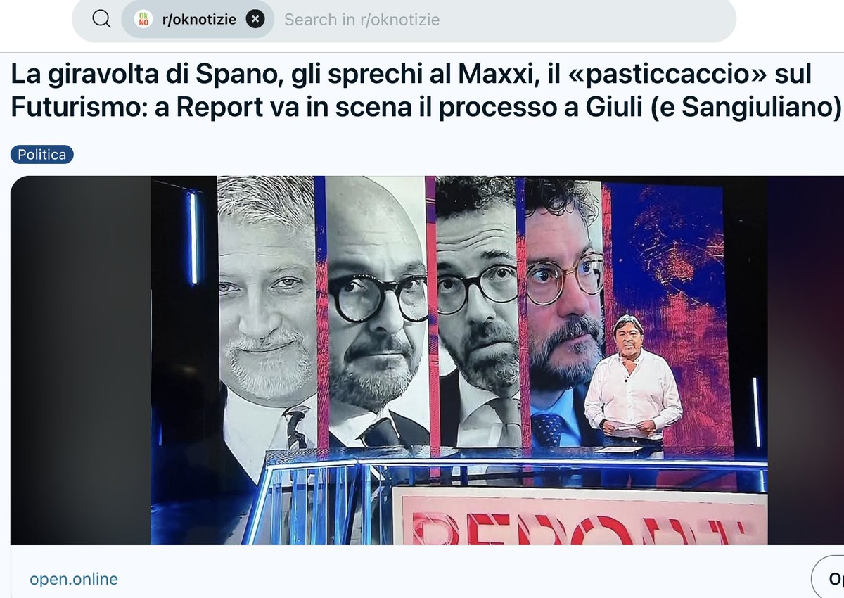 BonazziBonazeta's tweet photo. La giravolta di #Spano, gli sprechi al #Maxxi, il «pasticcaccio» sul #Futurismo: a #reportrai3 va in scena il processo a #Giuli (e #Sangiuliano) - https://t.co/73IjMSzkwK - @Reddit via #openonline - @reportrai3 #LeIene @Open_gol https://t.co/DbItL3553S