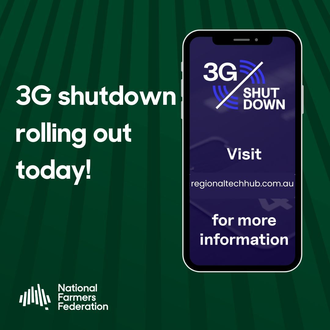 3G Shutdown Begins Today! Farmers &amp; rural Aussies – final call to check &amp; upgrade your 3G devices! Full shutdown by Nov 4.
For help:
- Telstra: Call 13 22 00
- Optus: Call 133 937
- Regional Tech Hub: Free advice
Read more in our media release nff.org.au/media-release/…