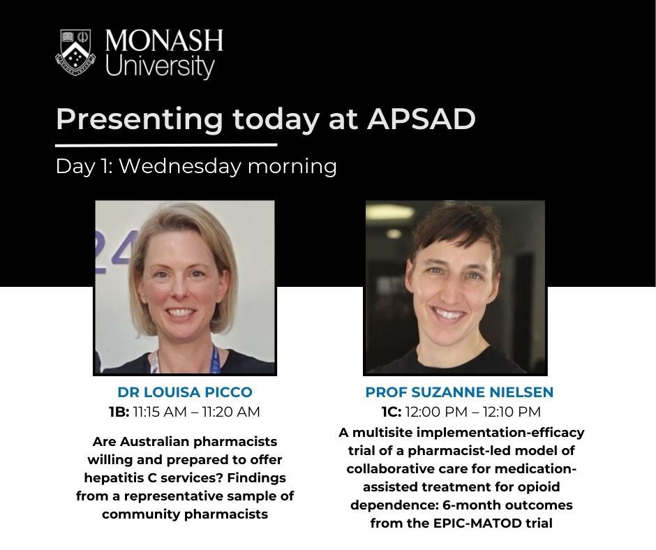 Monash Addiction Research Centre (@monashaddiction) on Twitter photo #APSAD24 kicks off today with 24 MARC member presentations over 3 days! <a href="/APSADConf/">A.P.S.A.D</a>
Presenting this morning:
👉<a href="/LouisaPicco/">Louisa Picco</a> Abstract: airdrive.eventsair.com/eventsairauepr…
👉 <a href="/DrSuziNielsen/">Suzanne Nielsen PhD MPS</a> Abstract: airdrive.eventsair.com/eventsairauepr… #APSAD24 kicks off today with 24 MARC member presentations over 3 days! <a href="/APSADConf/">A.P.S.A.D</a>
Presenting this morning:
👉<a href="/LouisaPicco/">Louisa Picco</a> Abstract: airdrive.eventsair.com/eventsairauepr…
👉 <a href="/DrSuziNielsen/">Suzanne Nielsen PhD MPS</a> Abstract: airdrive.eventsair.com/eventsairauepr…