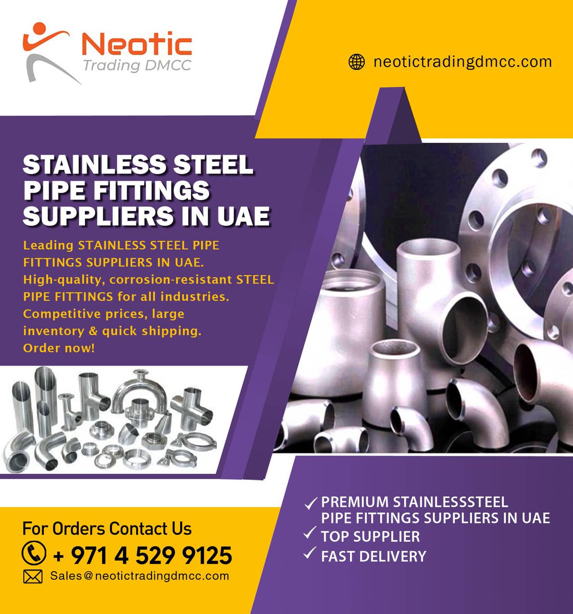 NeoticTrading's tweet photo. Premium Stainless Steel Pipe Fittings Suppliers in UAE – Neotic Trading DMCC.

Discover high-quality, corrosion-resistant stainless steel pipe fittings from the top suppliers in UAE. Neotic Trading DMCC offers competitive pricing, large inventory, and fast delivery. Contact us https://t.co/5RvNx1vGsF