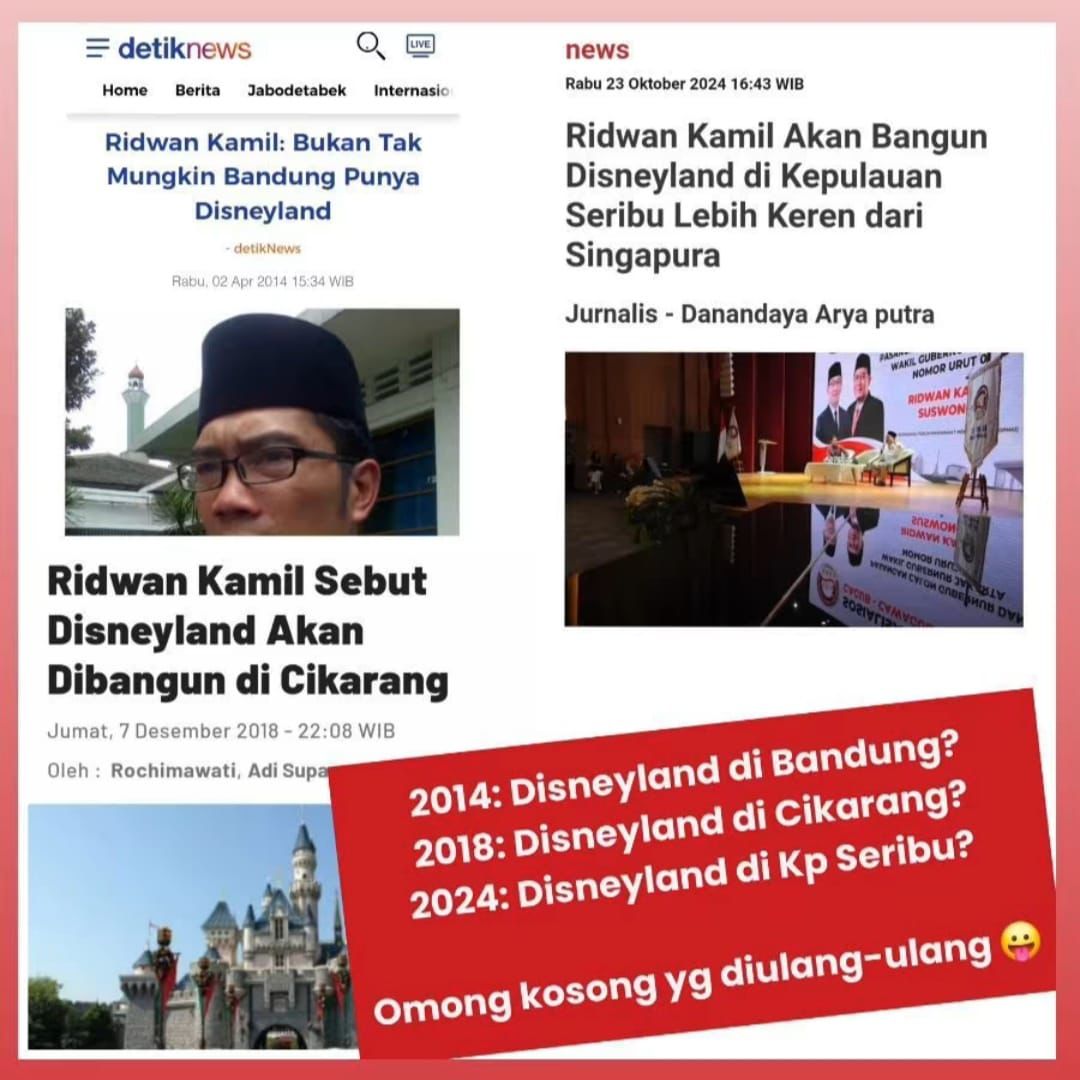 NasionalisSiber's tweet photo. Janji politik untuk membangun Disneyland di Bandung dan Cikarang, terbukti hanya omong kosong.
Kini janji yang sama di sampaikan dalam Pilkada Jakarta.
Masih mau percaya dengan orang yang gemar berbohong ?
#PilkadaCurang 
#JanjiPalsu https://t.co/SKEmOFyAGt