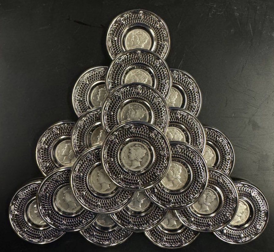 RichardCabezza's tweet image. "Building my #silver pyramid scheme was an unexpected journey into history and value! Each coin holds stories of past economies, wars, and resilience. With silver's price soaring, it's a tangible reminder of wealth preservation. #SilverDime #CollectingSilver  #SilverPyramid