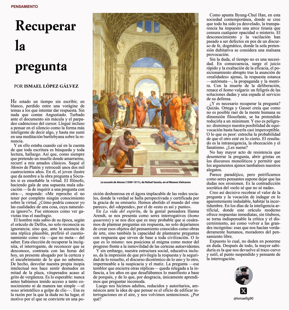 "Recobrar el valor de la pregunta, la vocación de indagar, habitar la incertidumbre. Volver a las grandes incógnitas, que nos hacen verdaderamente humanos. Nos hicimos adultos y nos volvimos sentenciosos. ¿Por qué?" Artículo de <a href="/Ismaellg90/">Ismael López Gálvez</a> acortar.link/nQ19ws
