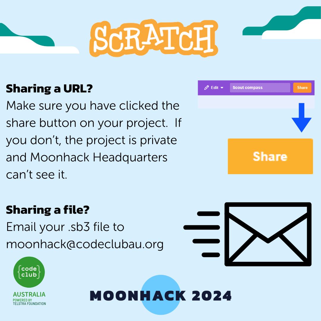 CodeClubAus's tweet photo. Sharing #Scratch projects for #Moonhack?
Here are some tips -
🌟 Share as many URLs on the submission form as you like. 
🌟 Make sure the 'share' button 
🌟 Sending a file?  Email them through once you've completed the submission form
Thank you for all of the submissions so far! https://t.co/SuCNAuJ35D
