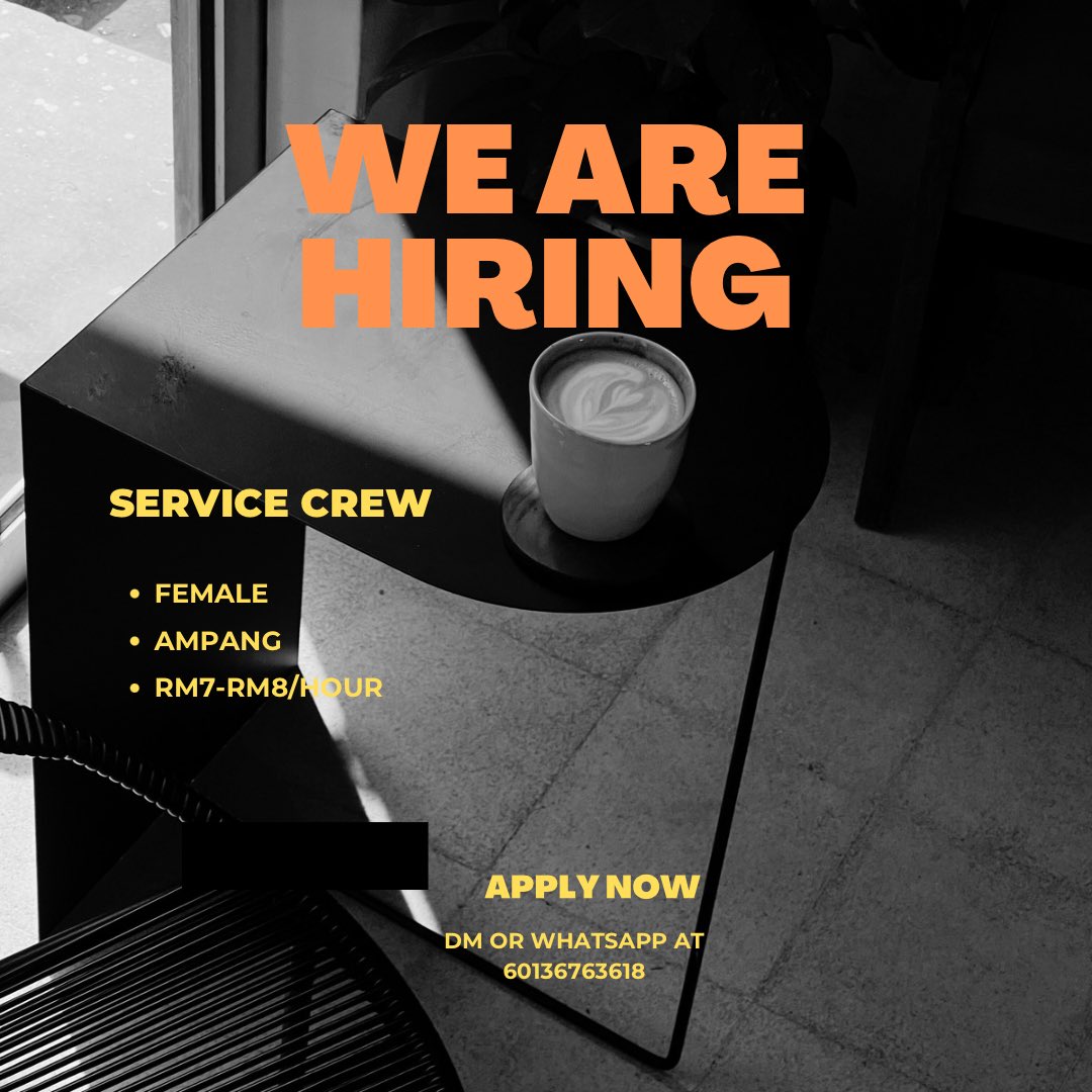 Hi, kami sedang mencari crew wanita part time untuk bersama join team kami. 

Location : ampang
Gaji : RM7-RM8/hour (berdasarkan pengalaman)
Masa kerja : 10am-5pm

Sila DM di instagram (litencoffee.roasters) atau whatsapp no di atas.