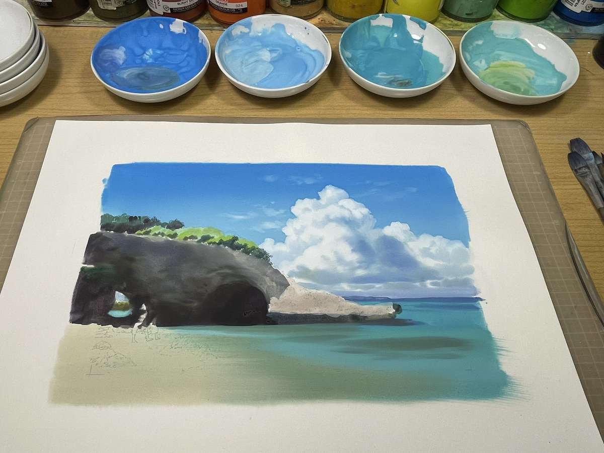akazonae687's tweet image. 毎年の10月になると家族で行きたくなる宮古島です。nickerポスターカラーで再現してみましたが地塗りで塗った一番発色のいいミヤコブルーを残しながら加筆しなきゃいけなくて難しかったです。

間奈津ビーチManatsu Beach