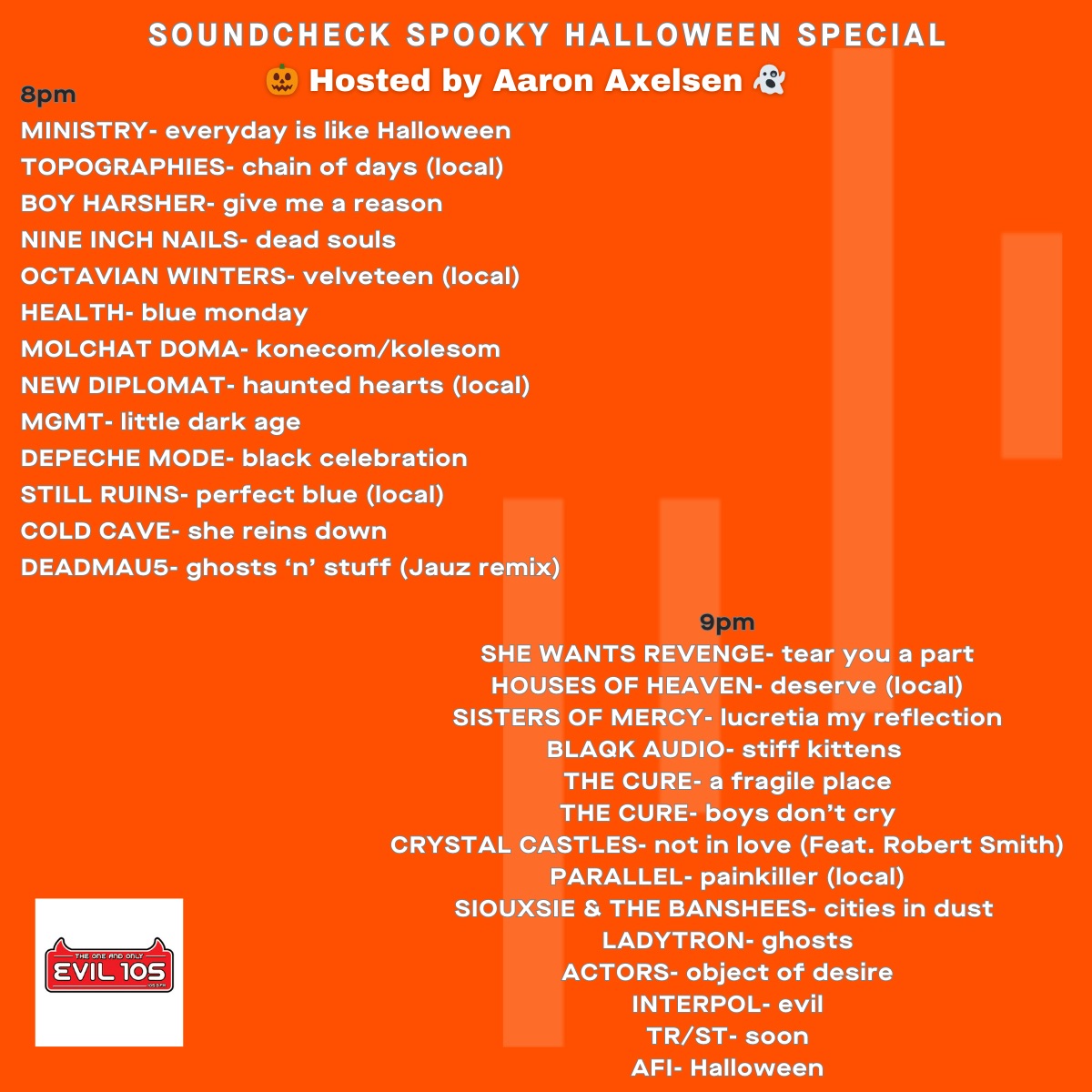 LIVE 105 (@live105fm) on Twitter photo .<a href="/AaronAxelsen/">aaron axelsen 🪩</a> brought us a Spooky @Soundcheckspins special tonight. Here’s everything you heard on the show 👻 .<a href="/AaronAxelsen/">aaron axelsen 🪩</a> brought us a Spooky @Soundcheckspins special tonight. Here’s everything you heard on the show 👻