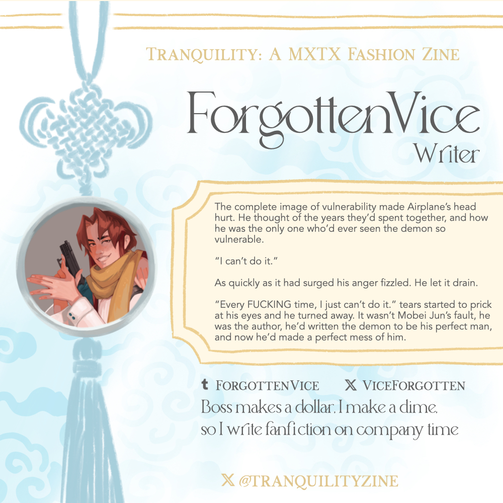 tranquilityzine's tweet photo. 🖊️Writer Spotlight🖊️

Here to share the hottest MXTX fashion takes, @ViceForgotten is ready to spice things up!

📰https://t.co/52ZCyEl42M https://t.co/uQuBHknJfF