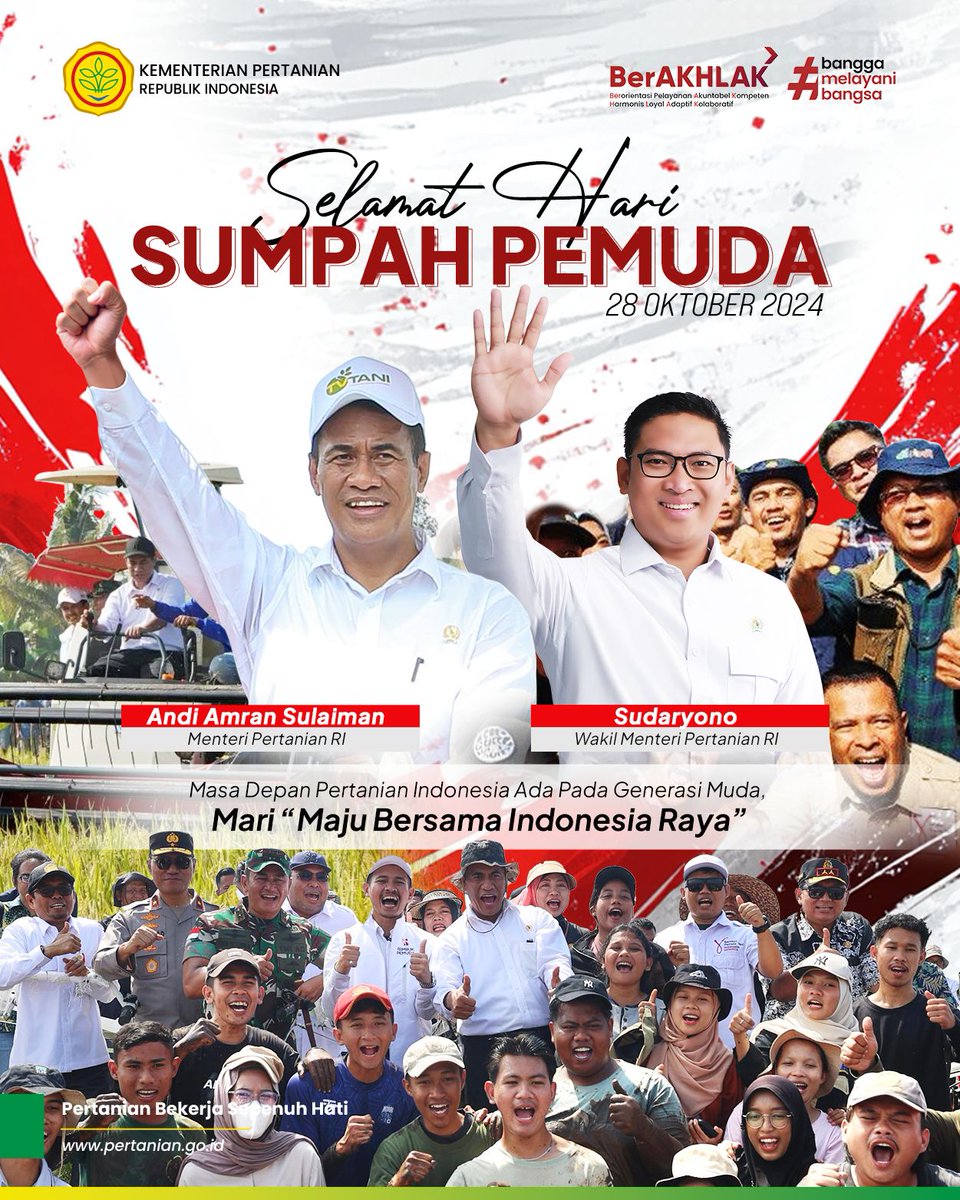 Selamat Hari Sumpah Pemuda 2024!
Mari kita teruskan semangat persatuan &amp; gotong royong membangun Pertanian Indonesia Mandiri.Salah satu langkah penting menuju kemandirian dengan mewujudkan swasembada pangan. Bersama-sama, jadikan Indonesia lebih kuat dengan semangat Sumpah Pemuda