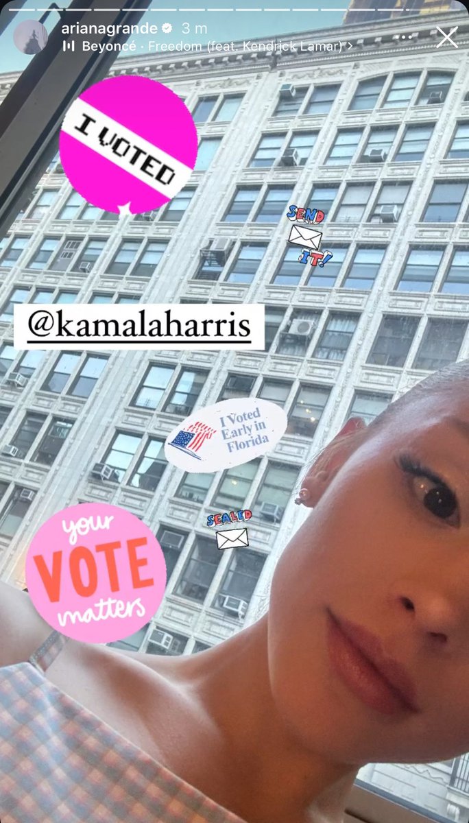Victorshi2020's tweet image. Wow. Ariana Grande has 376 million followers on Instagram, even more than Taylor Swift. Ariana just posted saying that she voted for VP Kamala Harris. Combined with Bad Bunny, JLo, and Ricky Martin’s post, the reach Kamala Harris’s campaign has gotten today is simply incredible.
