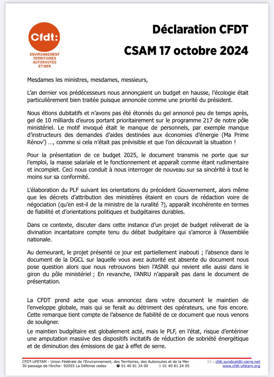 CFDT_FGTE's tweet photo. CSA Ministériel "budgétaire" du 17 octobre 2024 : 
Moyens affectés, impacts sur les personnels du ministère de la transition écologique, impacts sur les opérateurs…
La déclaration préalable de la #CFDT UFETAM
👇🏻
https://t.co/6Ds6SJJeGZ https://t.co/MyzMYQt16s