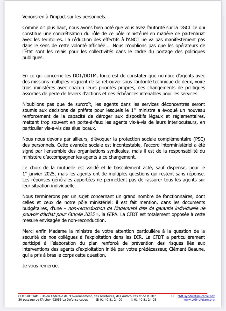 CFDT_FGTE's tweet photo. CSA Ministériel "budgétaire" du 17 octobre 2024 : 
Moyens affectés, impacts sur les personnels du ministère de la transition écologique, impacts sur les opérateurs…
La déclaration préalable de la #CFDT UFETAM
👇🏻
https://t.co/6Ds6SJJeGZ https://t.co/MyzMYQt16s